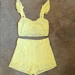 Yellow Eyelet Lace Crop Top and Shorts Set